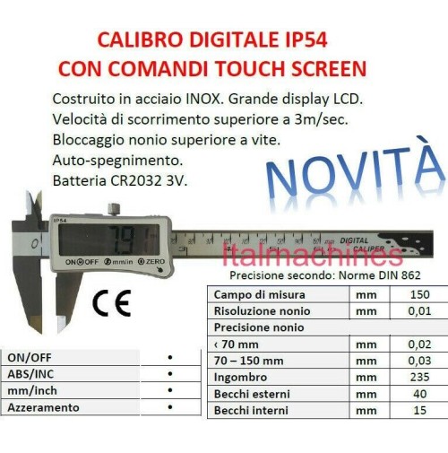 CALIBRO DIGITALE A CORSOIO ACCIAIO IP54 PROFESSIONALE TOUCH SCREEN LTF 150  MM