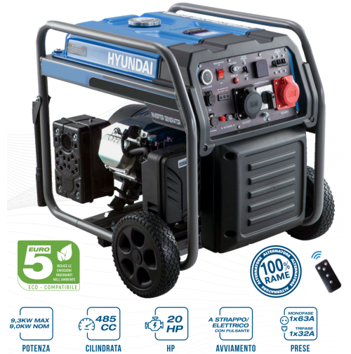 Generatore di corrente inverter Hyundai 65370 9,3 KW benzina monofase trifase CE